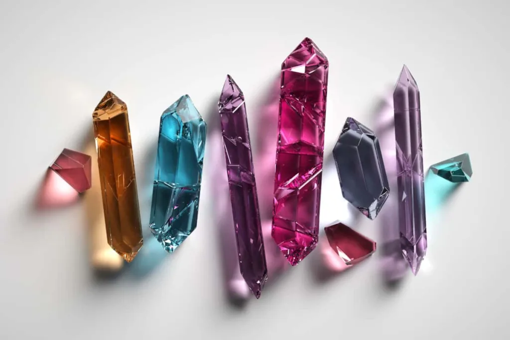 Eight colourful crystals on a white background.