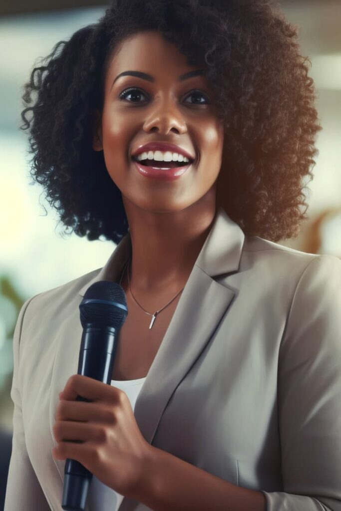 Young adult female in a suit , smiling, holding a microphone as if about to present to an audience.